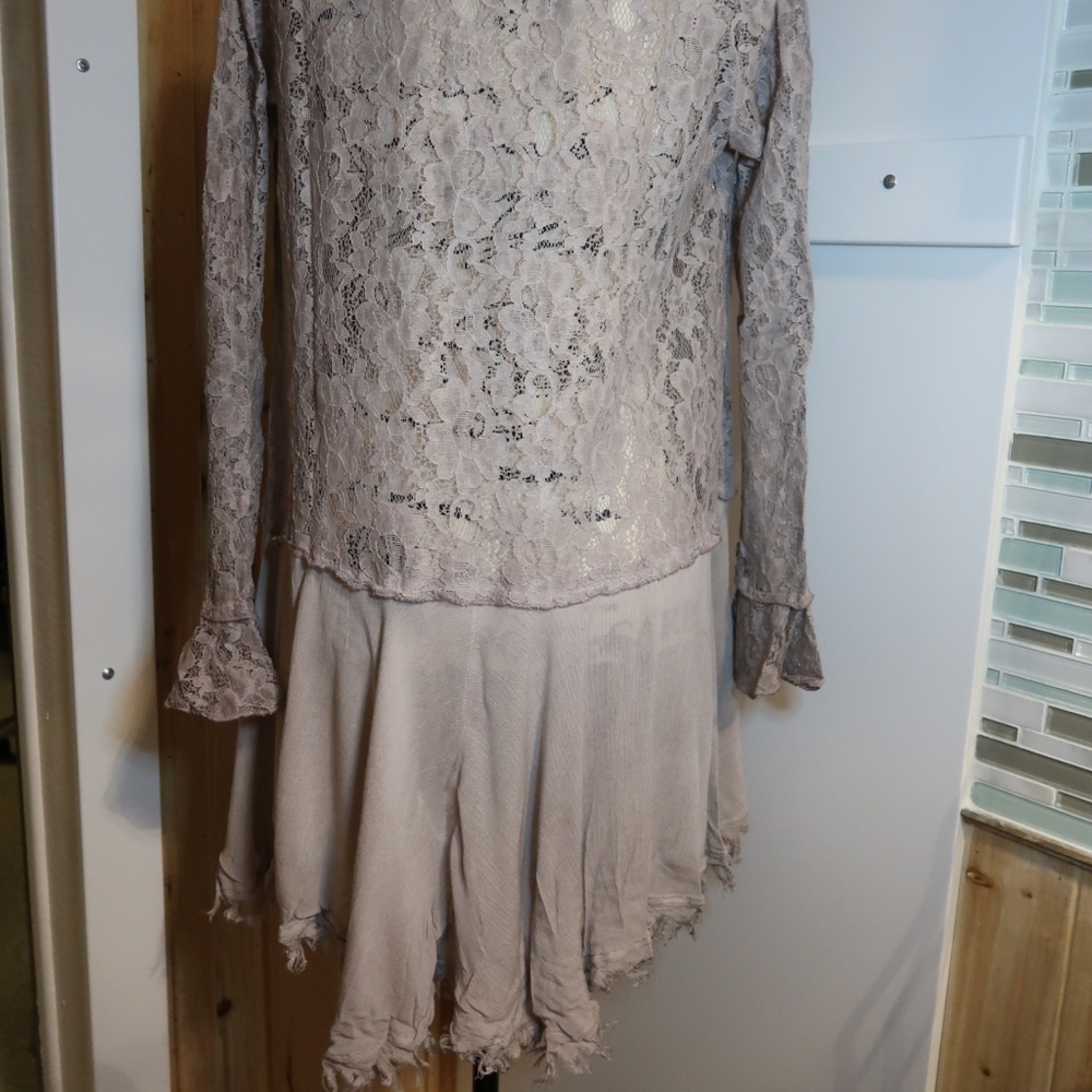 NWT Boutique Boho Lace High Low Tunic Top Cream Mocha M - Picture 5 of 5